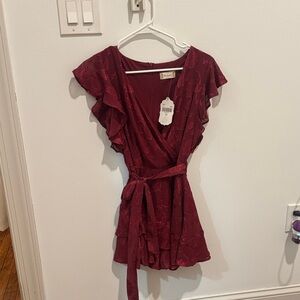Altar'd State Burgundy Ruffle Sleeve Romper